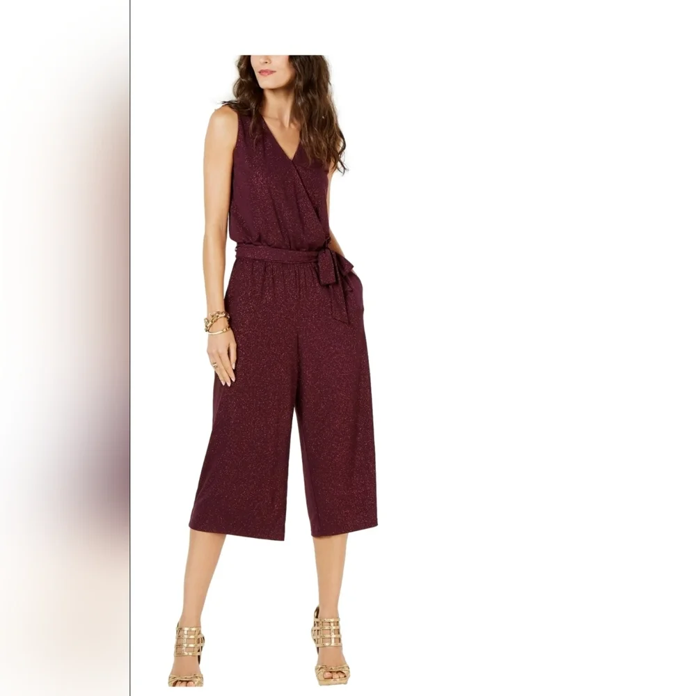 MICHAEL KORS ‎ WOMEN'S GLITZ BURGUNDY CROPPED/ BELTED  JUMPSUIT SIZE 1X
